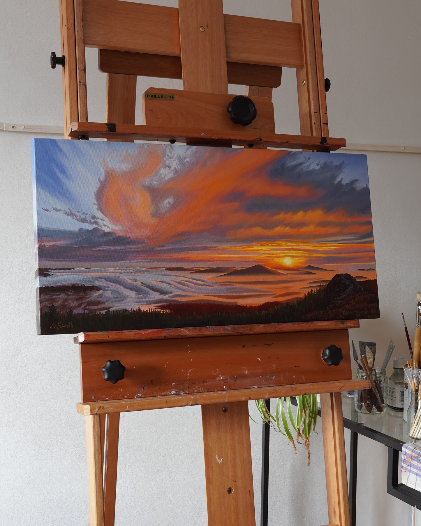 Sonnenaufgang am Großen Arber, Original Oilpainting, 40 x 80 cm