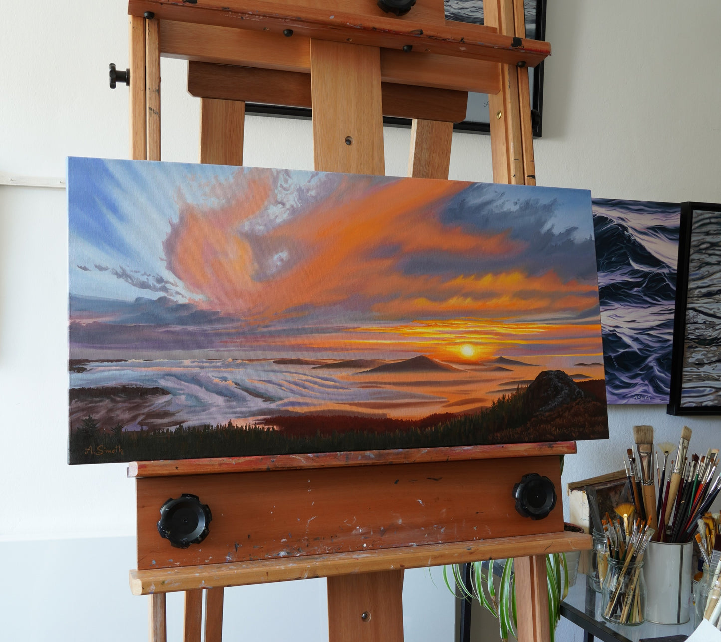 Sonnenaufgang am Großen Arber, Original Oilpainting, 40 x 80 cm