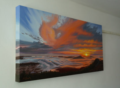 Sonnenaufgang am Großen Arber, Original Oilpainting, 40 x 80 cm