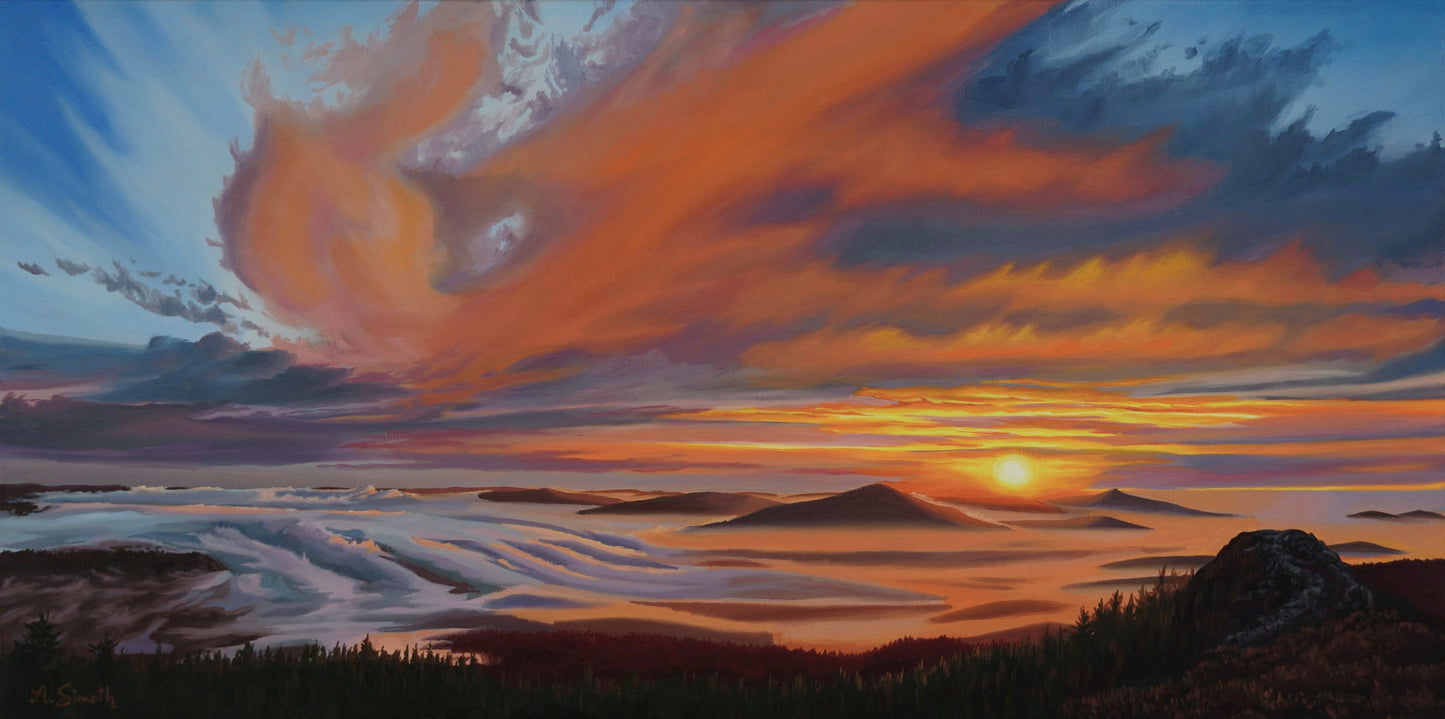 Sonnenaufgang am Großen Arber, Original Oilpainting, 40 x 80 cm